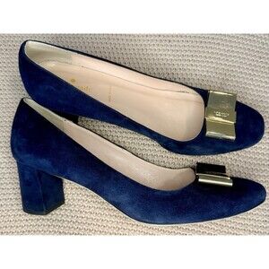 Kate Spade Navy Blue Suede Block Heel Round Toe Pump Gold Bow Sz 10 EUC!!
